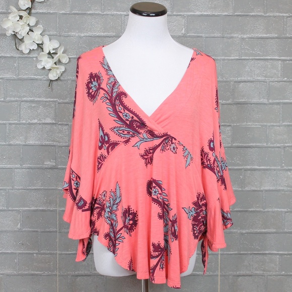 Free People Maui Wowie Coral Printed Kaftan Top - Picture 3 of 8